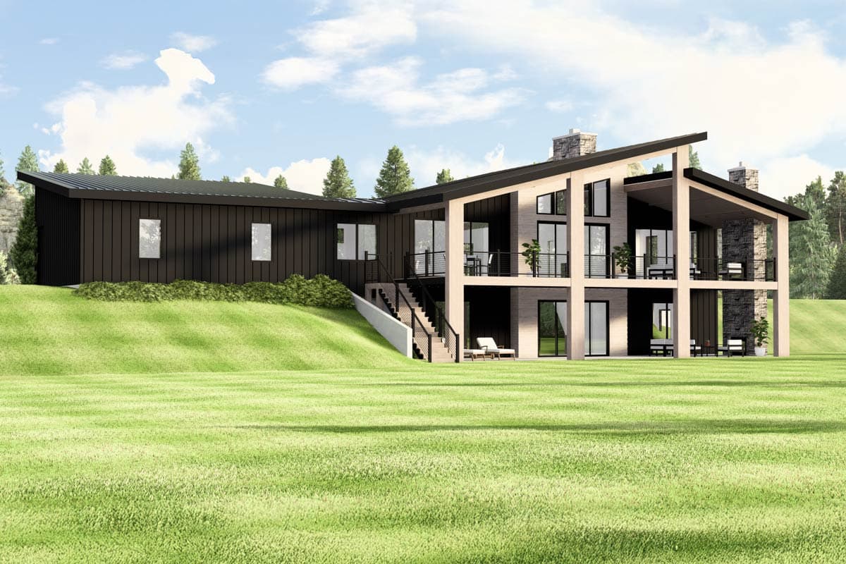 Modern house plan exterior with dark vertical siding, multiple levels, asymmetrical rooflines, and large windows.
