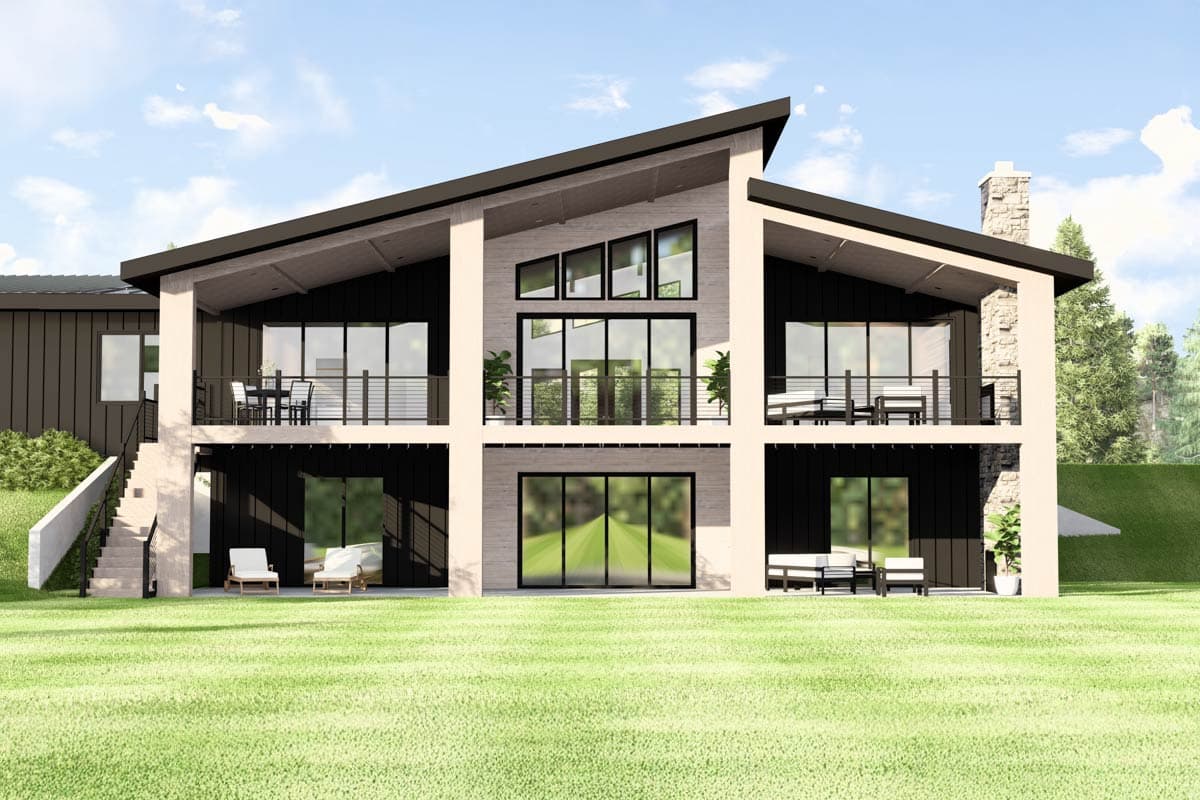Modern house plan exterior with a sloped roof, multiple levels, balconies, and extensive glass.
