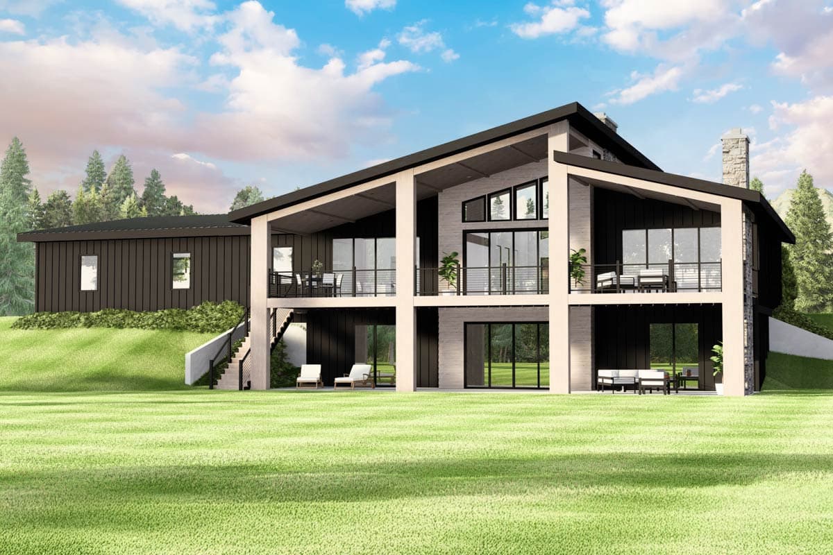 House plan exterior. Two-story Modern house with a flat roof, large windows, and a covered balcony. Features a chimney and a detached structure.