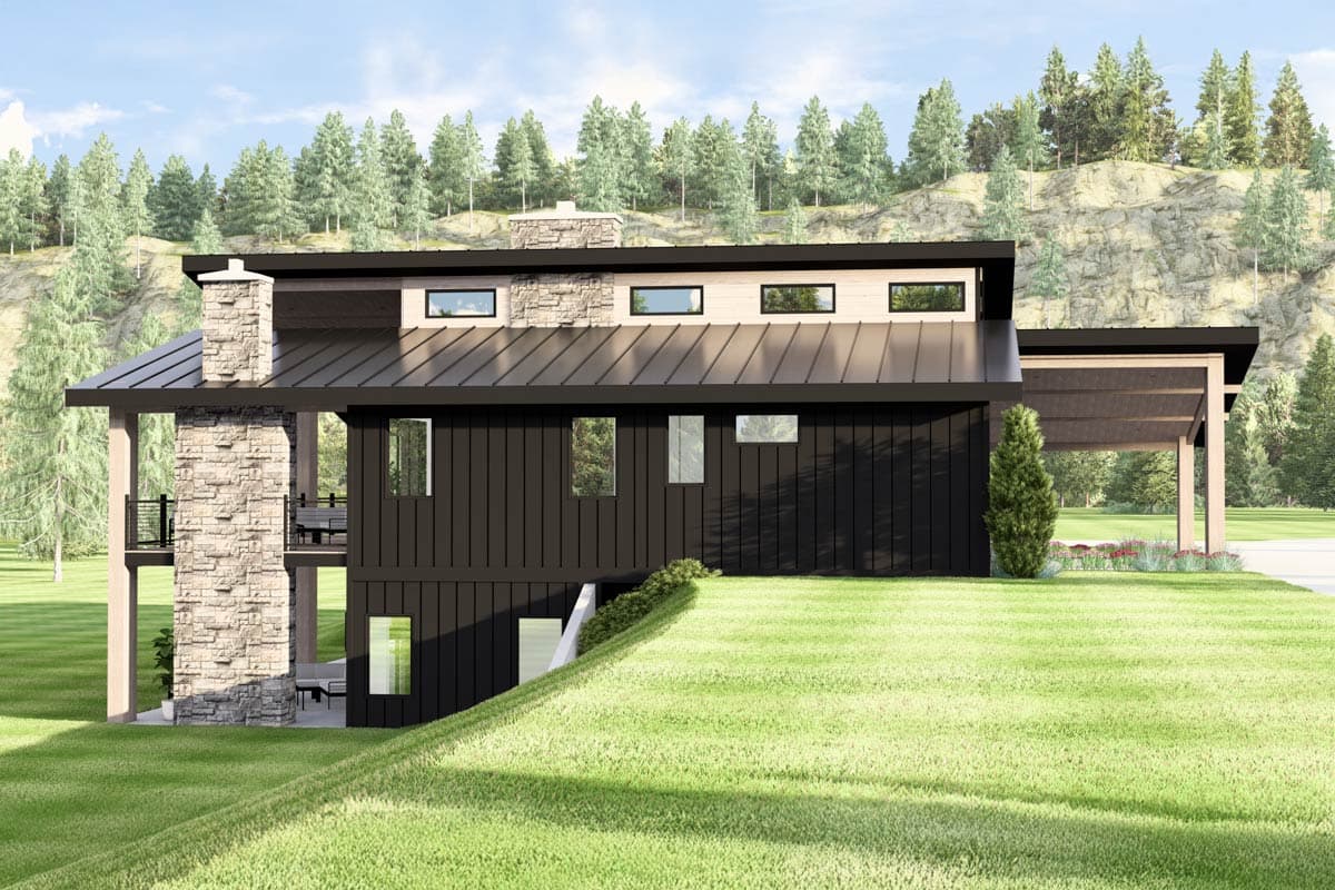Modern house plan exterior with flat roof, stone chimney, dark vertical siding, and covered patio.