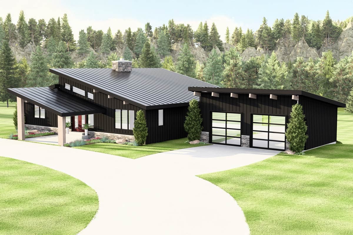 Modern house plan exterior with angled rooflines, covered entry, stone chimney, and attached two-car garage with glass doors.