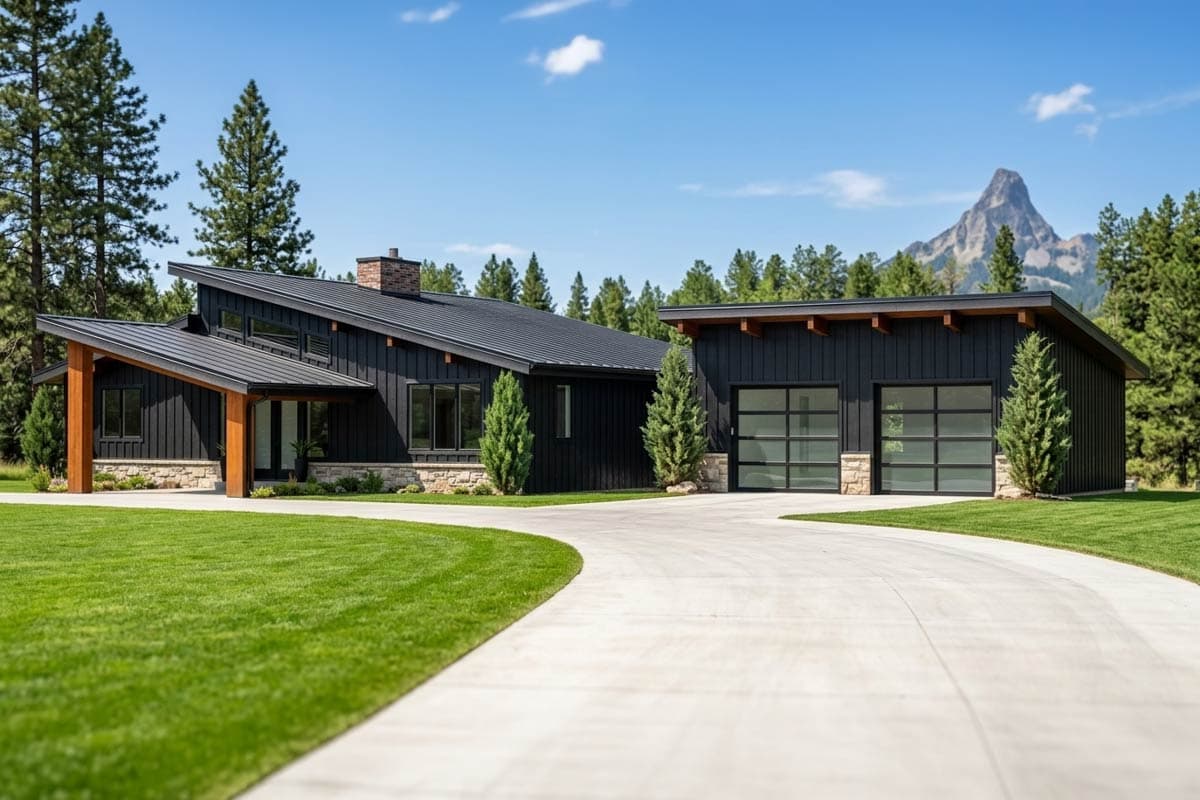 Modern house plan exterior with a steeply pitched metal roof, stone base, and attached two-car garage with glass doors.