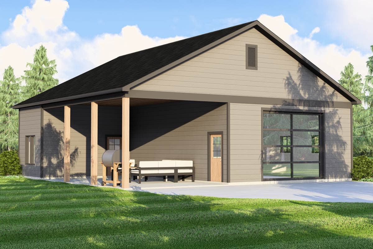 House plan exterior with gable roof, covered porch, and glass garage door. Horizontal siding and a single-story design.