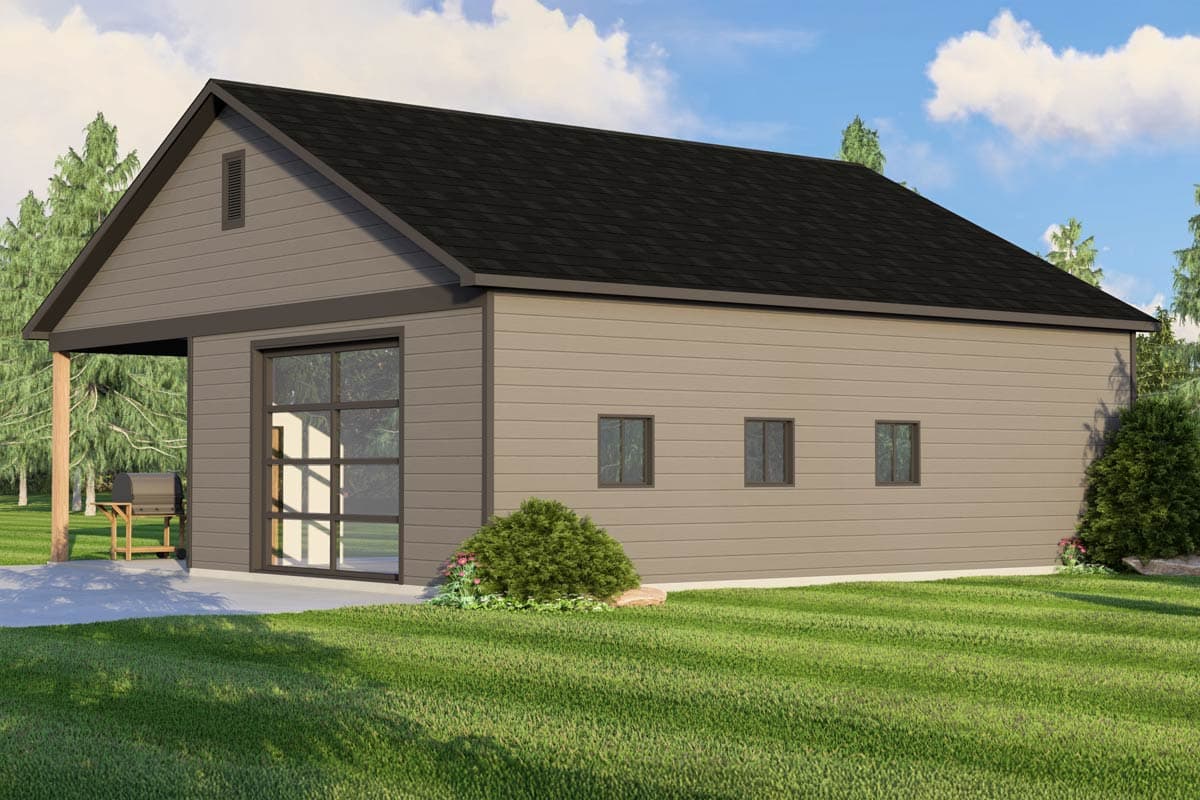 House plan exterior: Garage with a glass-paneled door, covered side porch, gable vent, and three small rectangular windows.