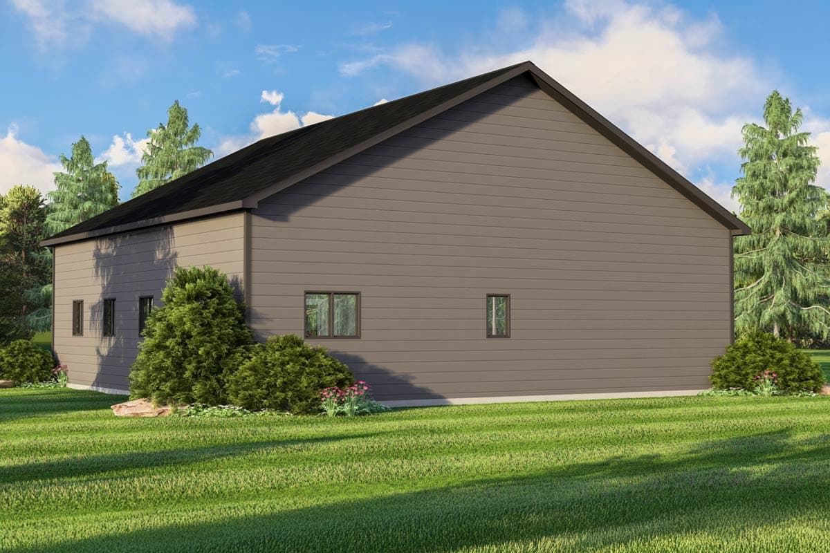 House plan exterior view of a one-story modern home with horizontal siding, a gabled roof, and three windows.