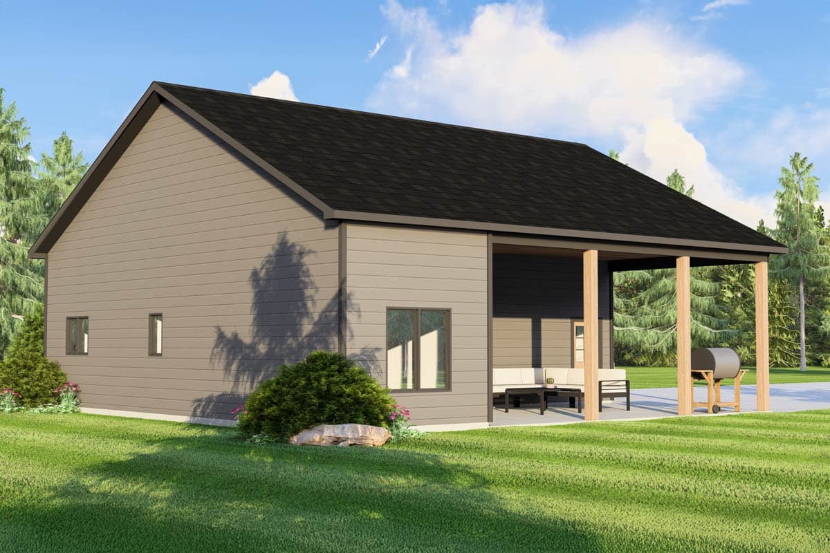 House plan exterior of a one-story Modern Farmhouse with horizontal siding, gable roof, and covered porch with wood columns.