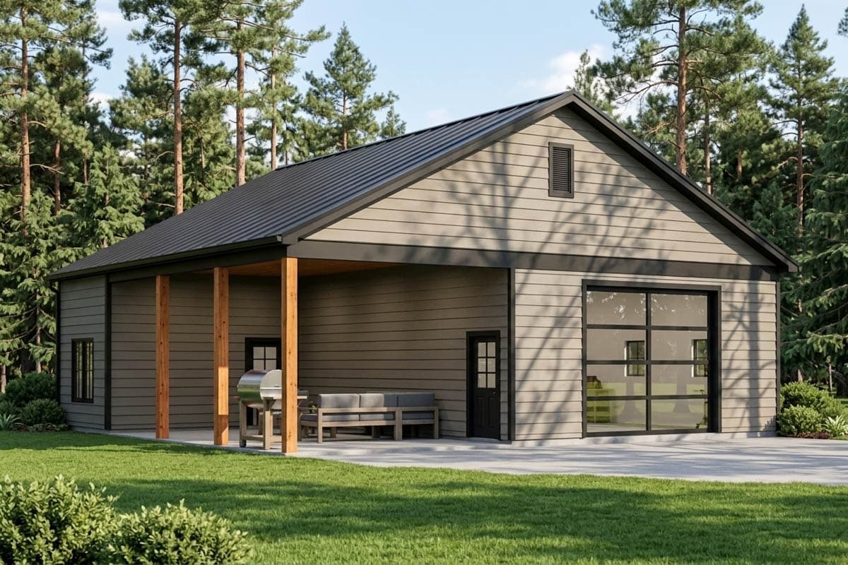House plan exterior with gable roof, covered porch, and glass garage door. Horizontal siding and a single-story design.