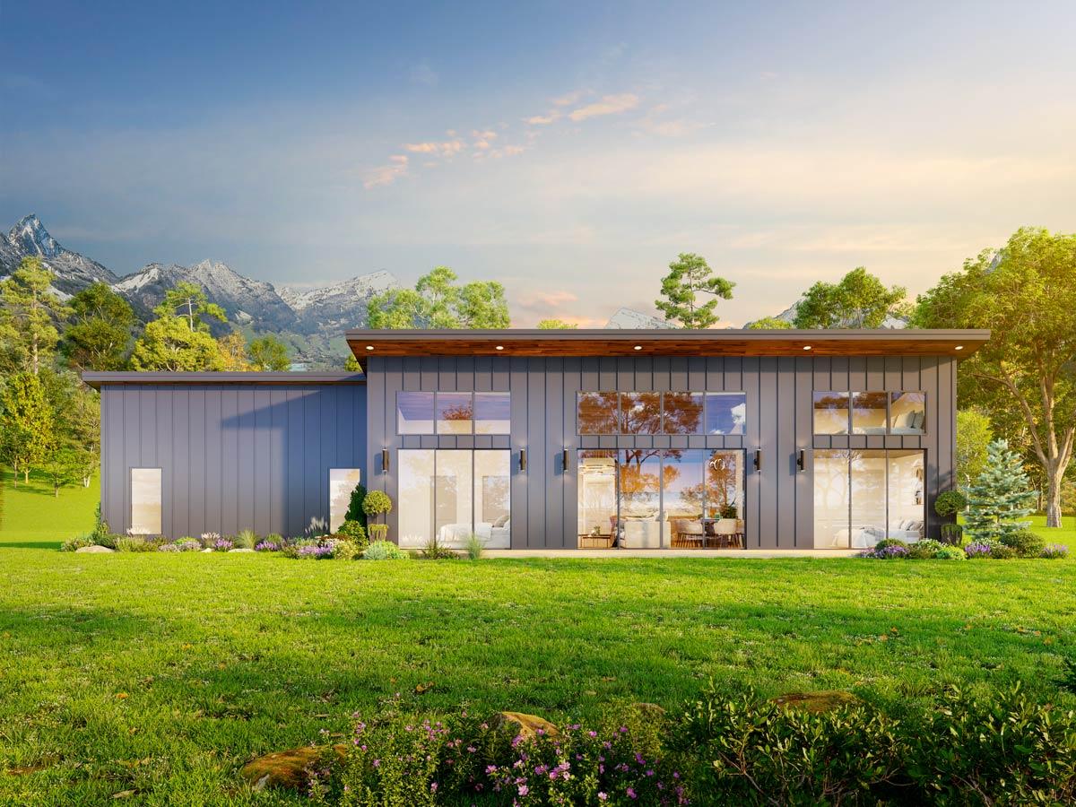 Modern house plan exterior with one story, flat roof, and large windows. Includes sliding glass doors, horizontal siding, and natural surroundings.
