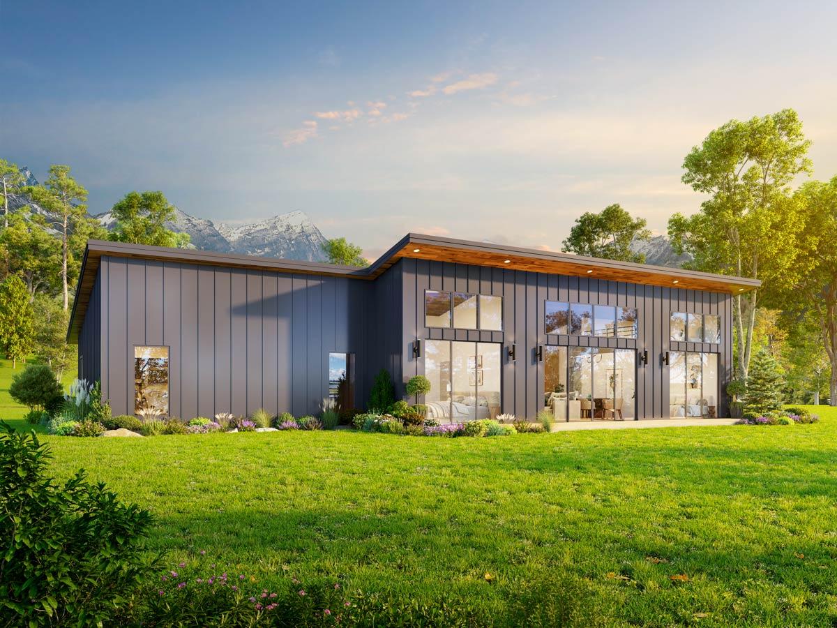 Modern house plan exterior with dark vertical siding, a low-pitched roof, and expansive glass walls and windows.