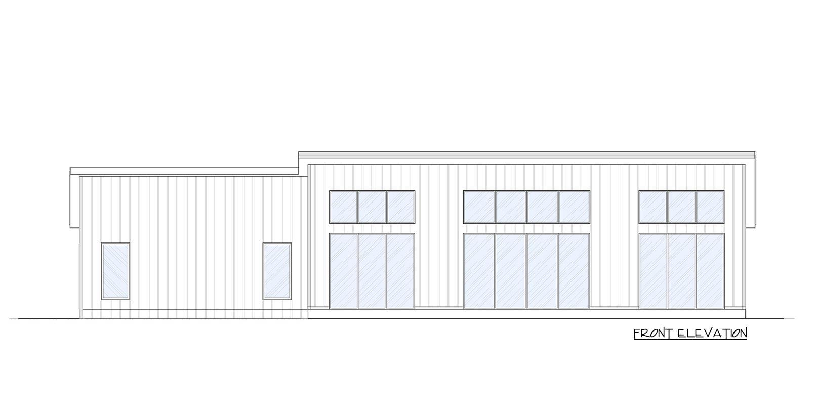 Front elevation drawing of a modern house plan with vertical siding and multiple large windows.
