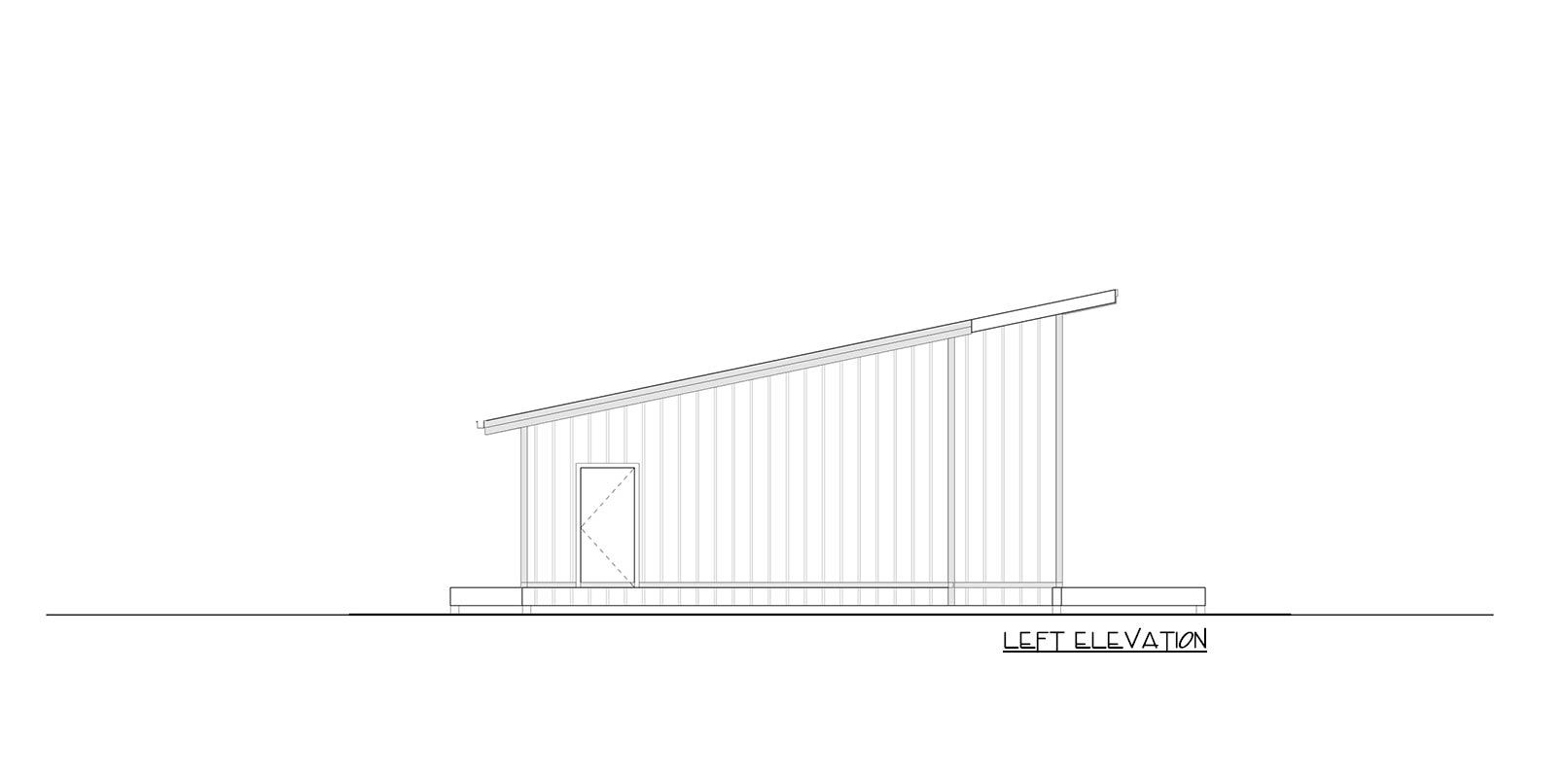 Left elevation drawing of a house plan with a shed roof, vertical siding, and one door.