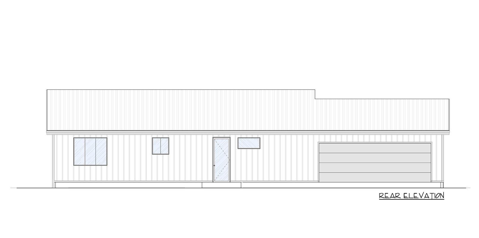 Rear elevation of a one-story house plan with vertical siding, three windows, one door, and an attached garage.