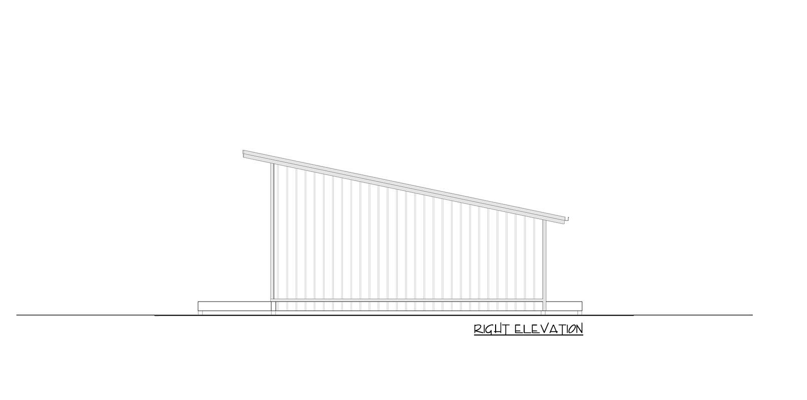 Right elevation drawing of a house with a shed roof and vertical siding.