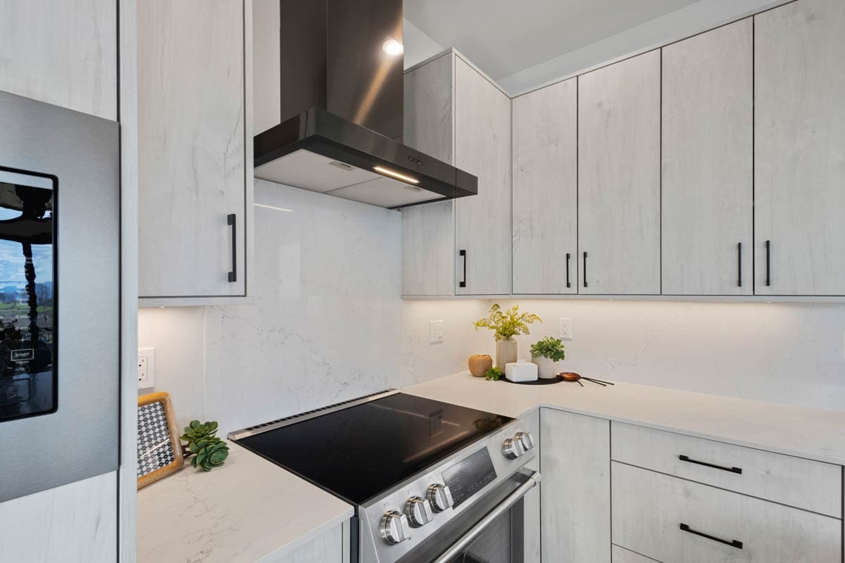 Modern kitchen with light wood cabinets, quartz countertops, stainless steel appliances, and a black range hood.