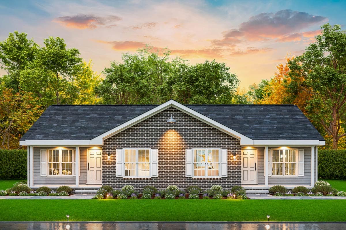 House plan exterior. One-story structure with gabled roof, brick facade, and multiple windows with shutters. Front entries feature covered porches.