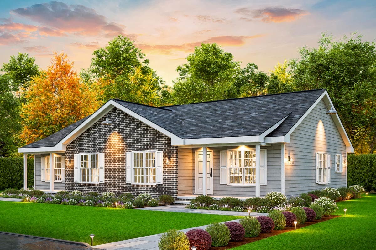 House plan exterior: Single-story home with brick and siding, gable roof, dormers, and covered entry porch.