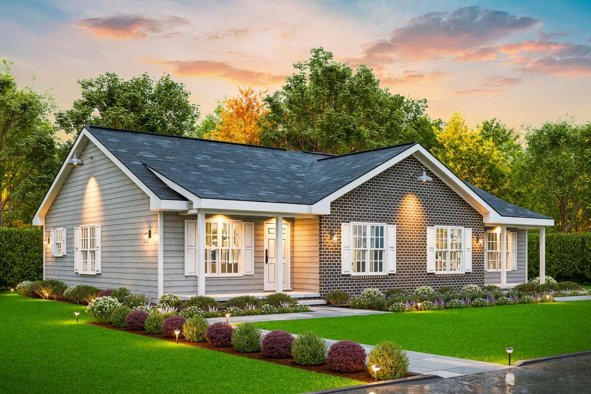 House plan exterior: One-story home with a covered front porch, gable roof, siding and brick facade, and multiple windows.