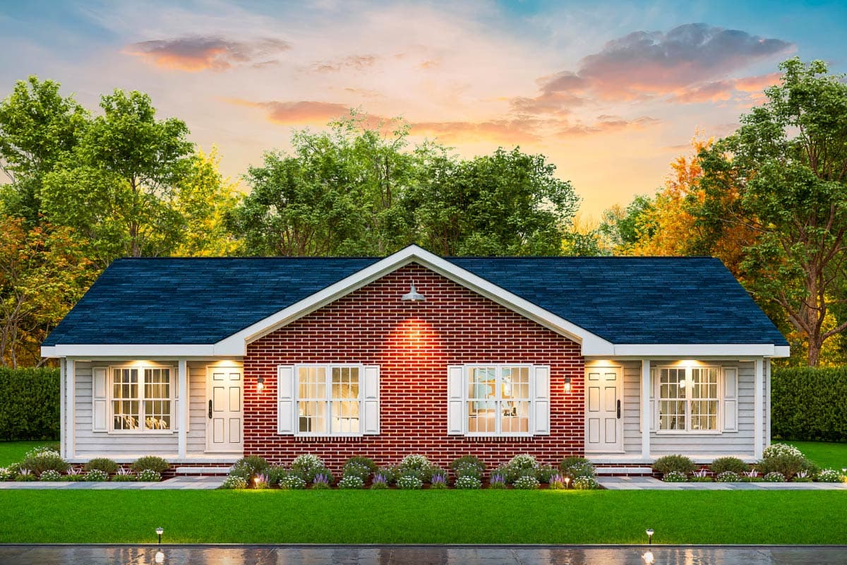 House plan exterior: single-story Ranch with brick facade, dual entry porches, white shutters, and gabled roof.