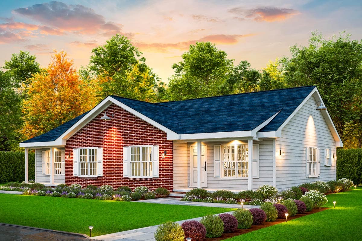 House plan exterior. One-story home with brick facade, white siding, prominent gables, and covered front porch.