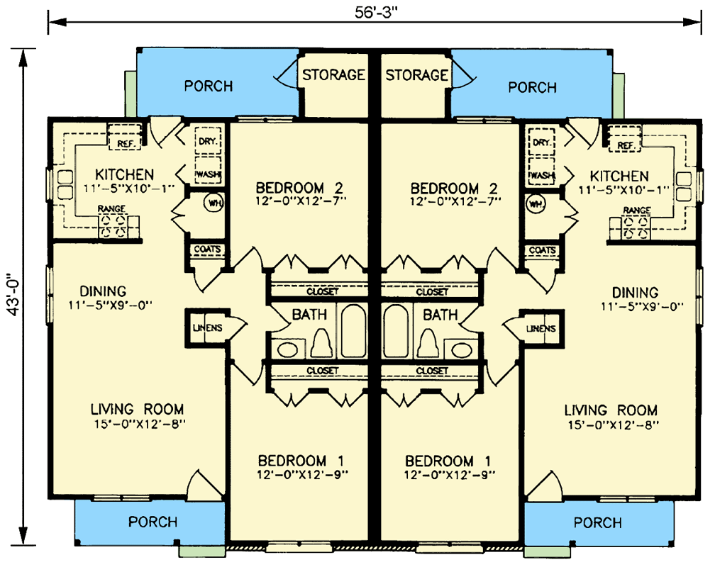 Plan 25883GE: 2-Bed Traditional-Style Duplex House Plan with Covered Porches - 985 Sq Ft - Floor Plan - Main Level - Traditional