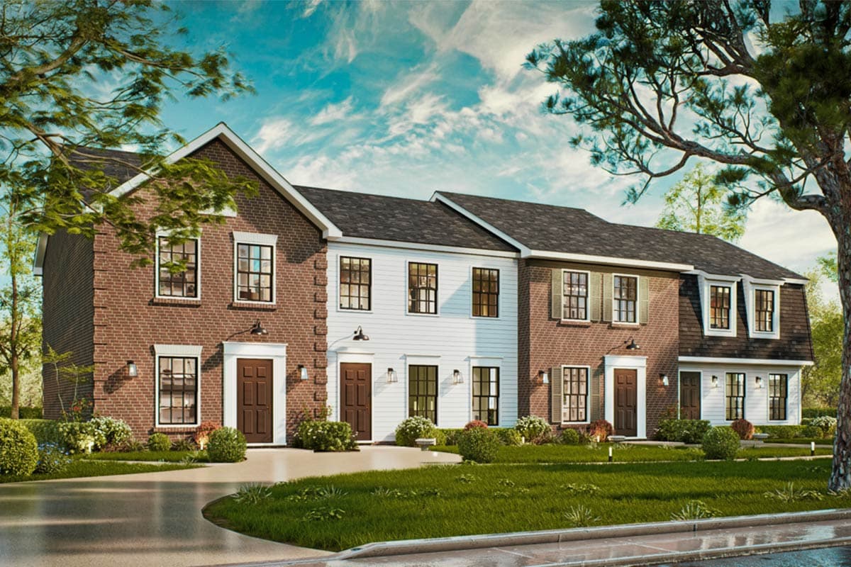 House plan exterior of two-story townhouses with brick and siding, multiple gables, and dormers.