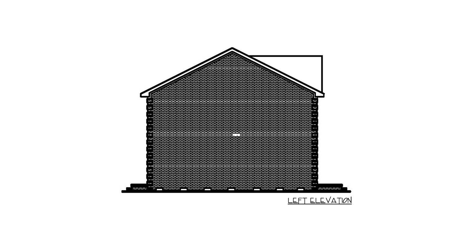 Left elevation drawing of a brick house with a gable roof and a small window.