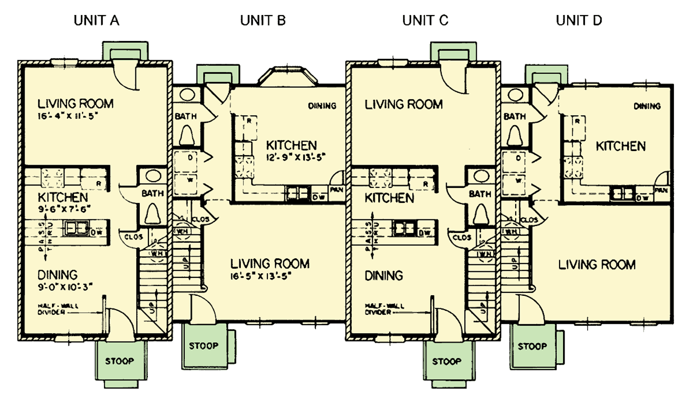 Plan 25887GE: 4-Unit Traditional Style House Plan with Contrasting Roof Lines - Floor Plan - Main Level - Traditional