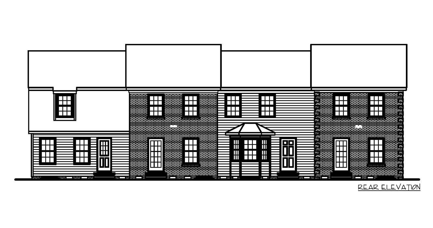 Rear elevation drawing of a two-story house with brick and siding, featuring multiple windows and three doors.