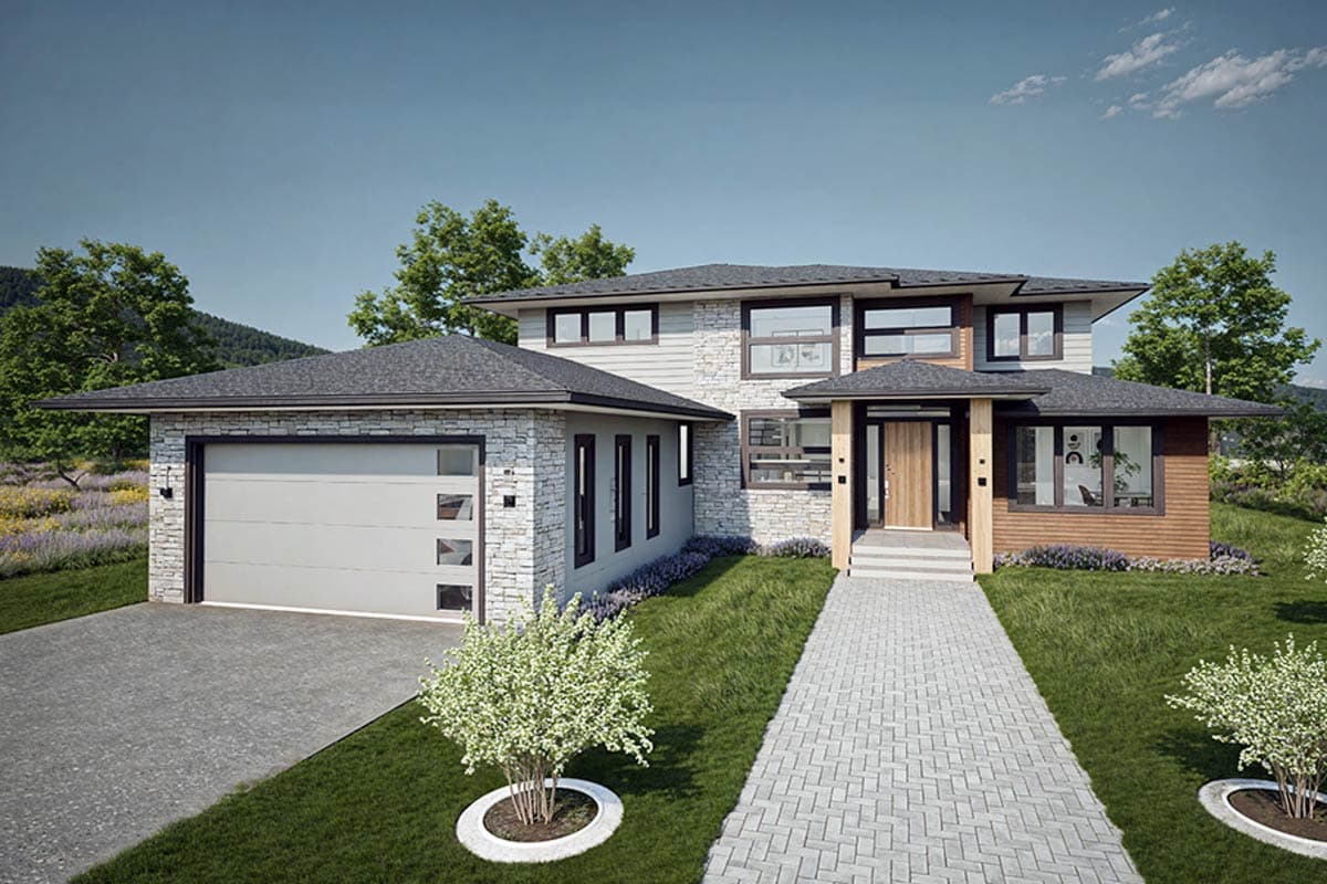 House plan exterior. Two-story Modern house with a stone and wood facade. Features include a side-entry garage, flat roof, and covered entry.
