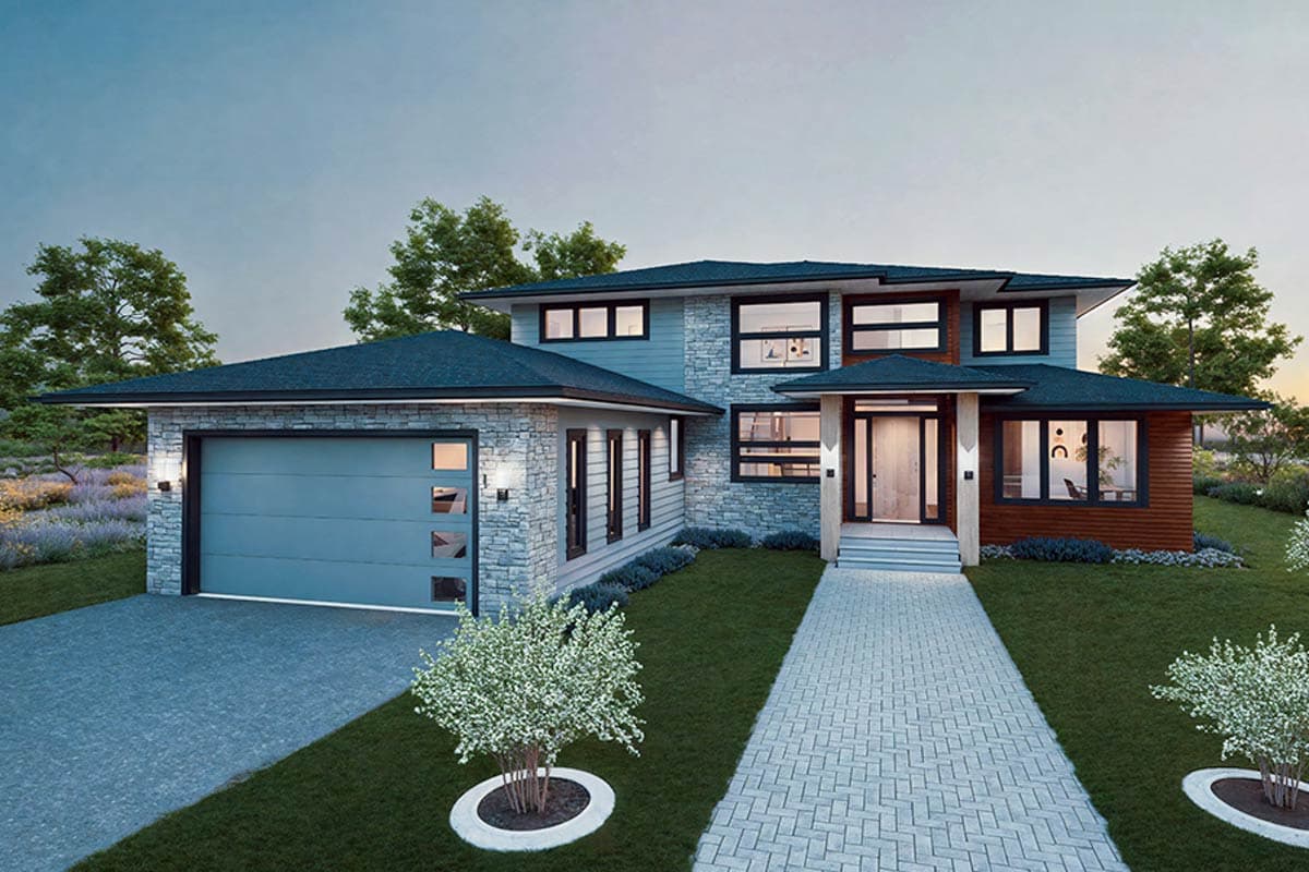 Modern house plan exterior, two stories, with stone siding, large windows, covered entryway, and attached garage.