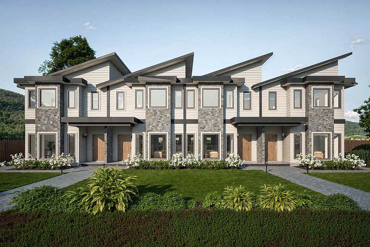 House plan exterior. Multi-unit modern design with stone accents, angled rooflines, and multiple windows. Two stories with entry porticos.