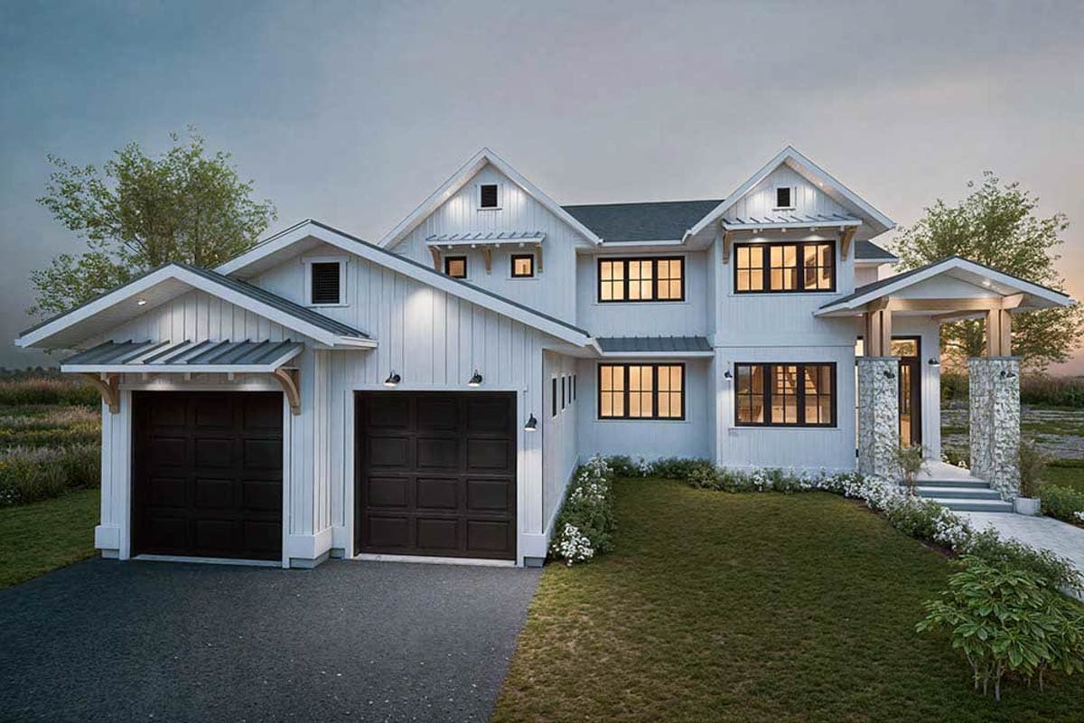 House plan exterior featuring Modern Farmhouse style, two stories, gabled rooflines, a covered porch, and a two-car garage.