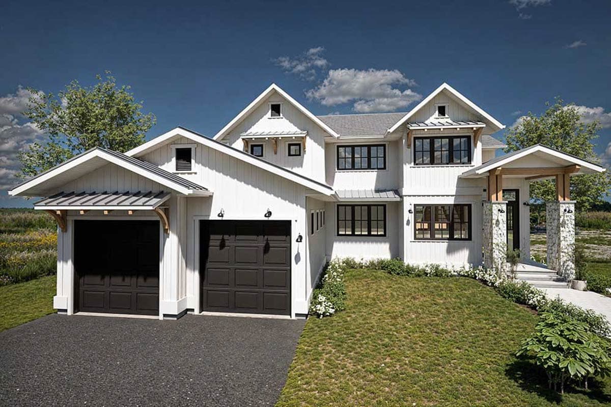Modern Farmhouse house plan exterior with a two-car garage, prominent gables, vertical siding, and stone-accented entryway.