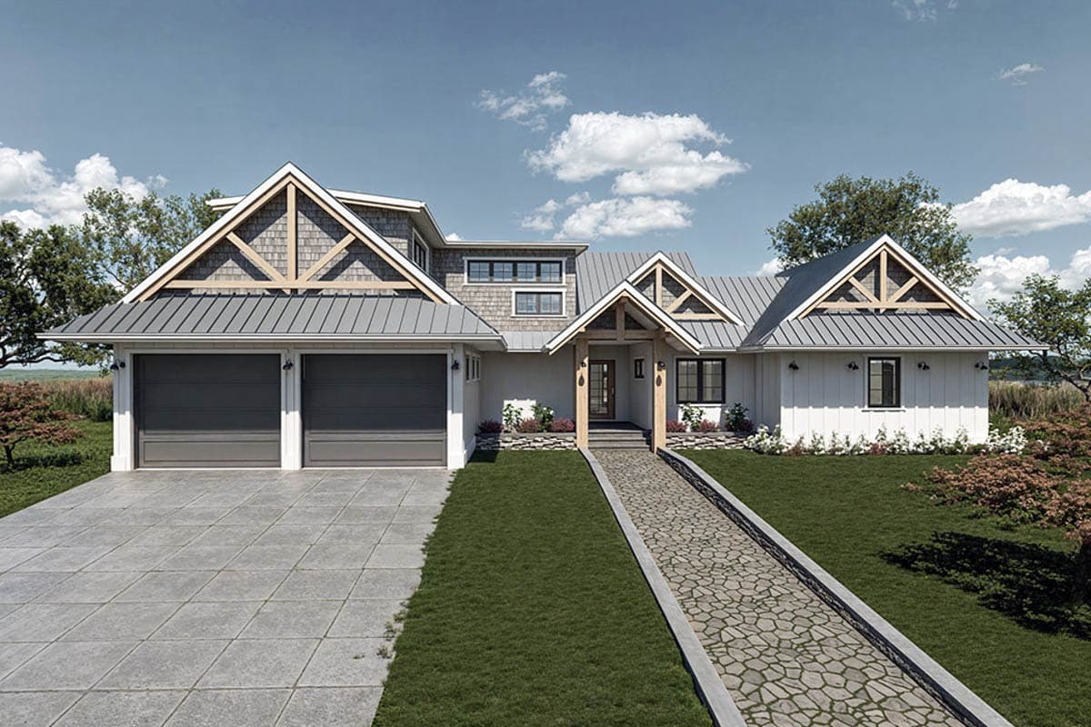 House plan exterior. Ranch style with two stories, a gabled roof, exposed rafter tails, and a front entry porch.