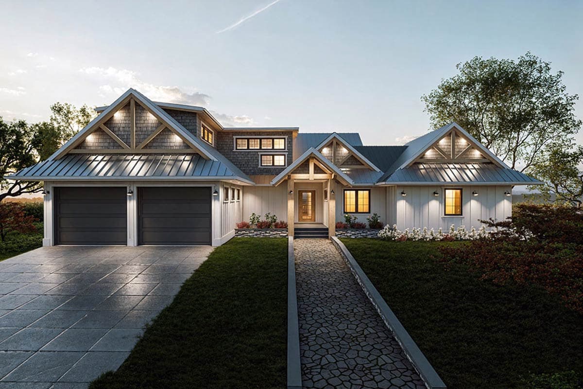 Modern Farmhouse house plan exterior with dual garage, gabled rooflines, and prominent dormers.