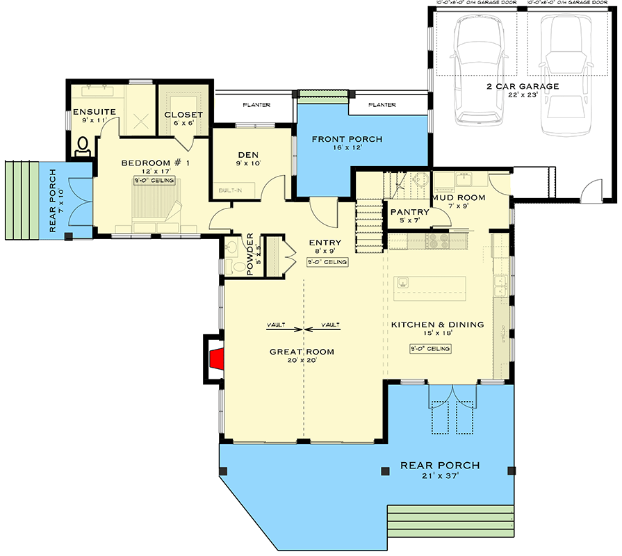 Plan 147040RML: Two-Story Modern Farmhouse with Expansive Porches and Den - Floor Plan - Main Level - Modern Farmhouse