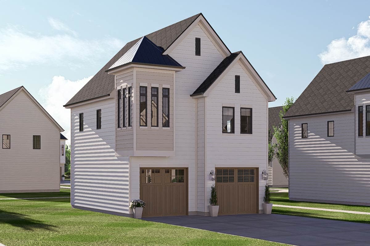 House plan exterior: Two-story modern home with white siding, bay window, gabled dormers, and two attached garage doors.