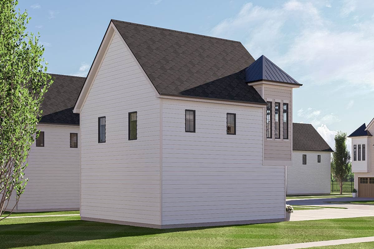 House plan exterior with white horizontal siding, dark roof, and a gabled dormer with a metal roof.