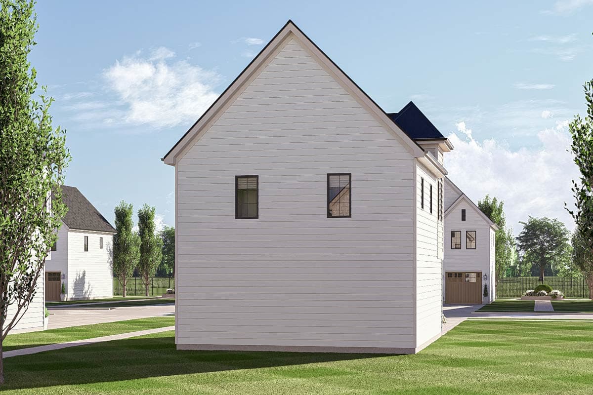 Modern Farmhouse house plan exterior with white siding, dark-trimmed windows, and a steeply pitched gable roof.