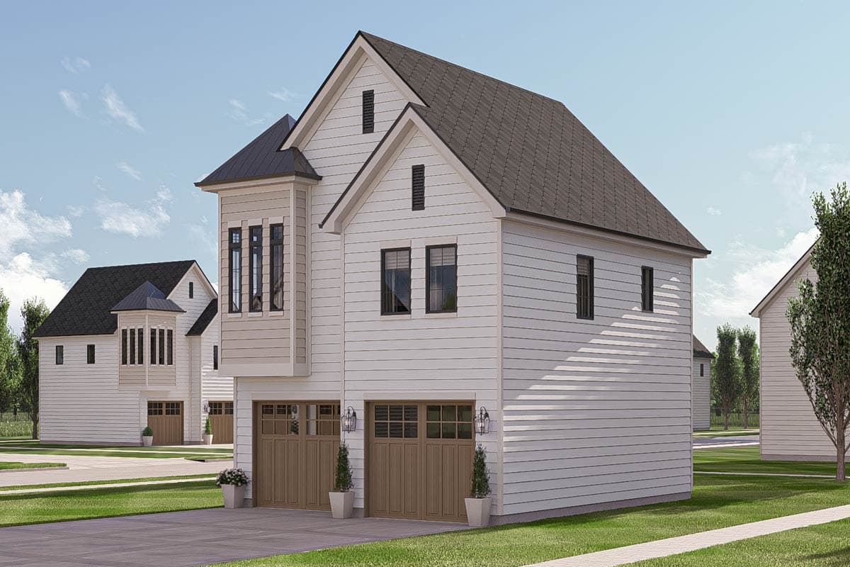 House plan exterior: Modern farmhouse style, two stories, side-entry double garage, bay window, and gabled roof.