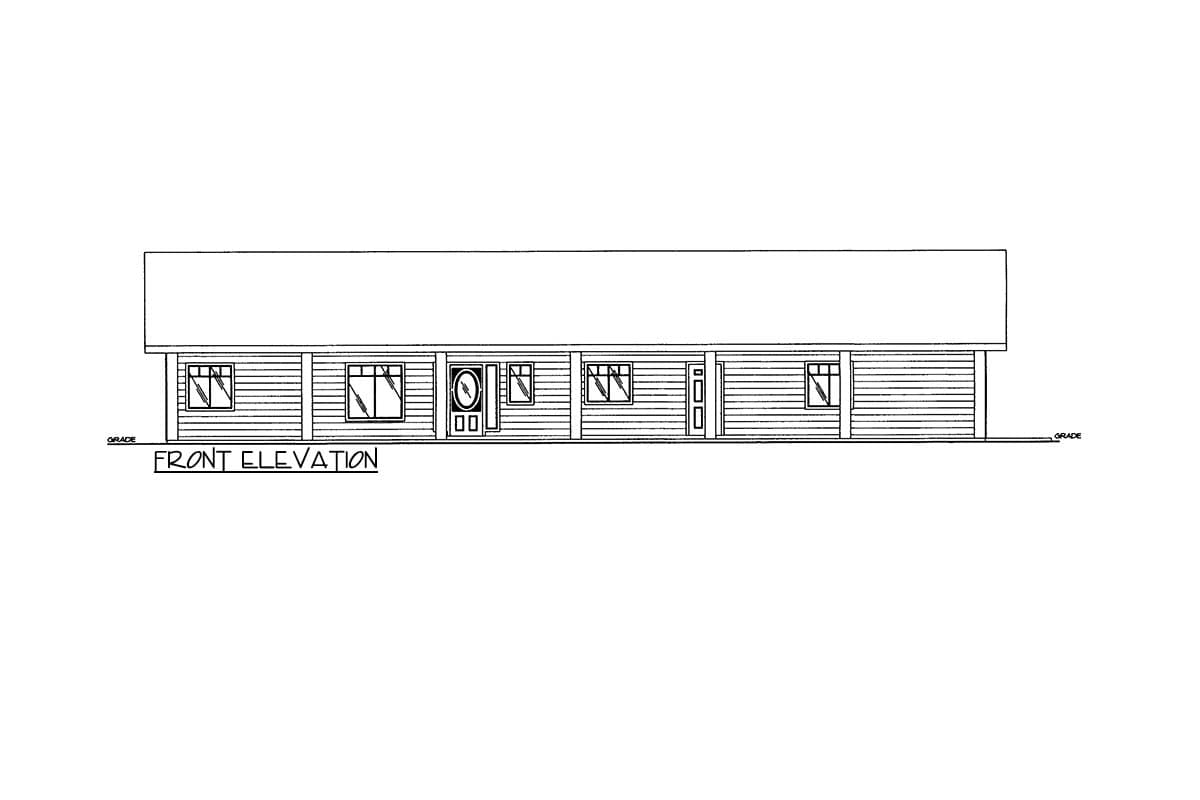Front elevation drawing of a one-story house plan with a pitched roof, multiple windows, and a central entry.