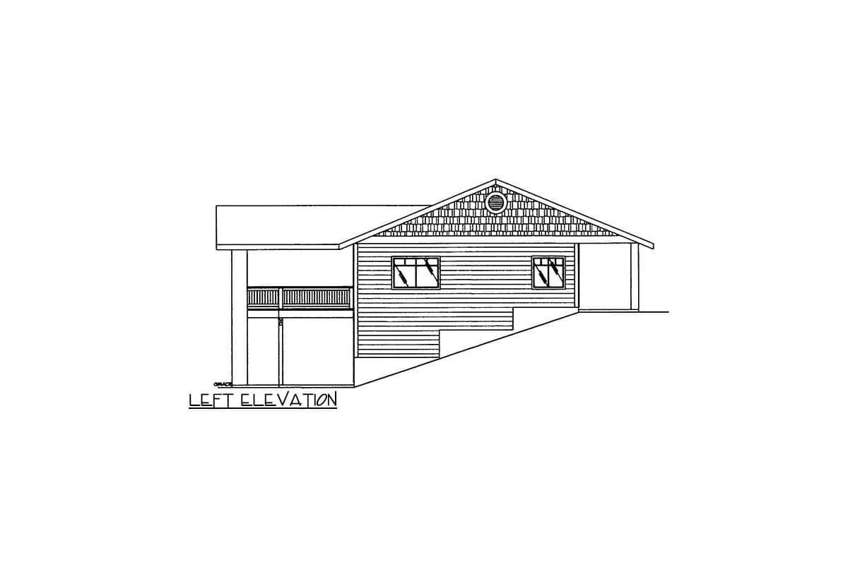 Left elevation drawing of a house plan showing a gable roof, two windows, and an attached garage.