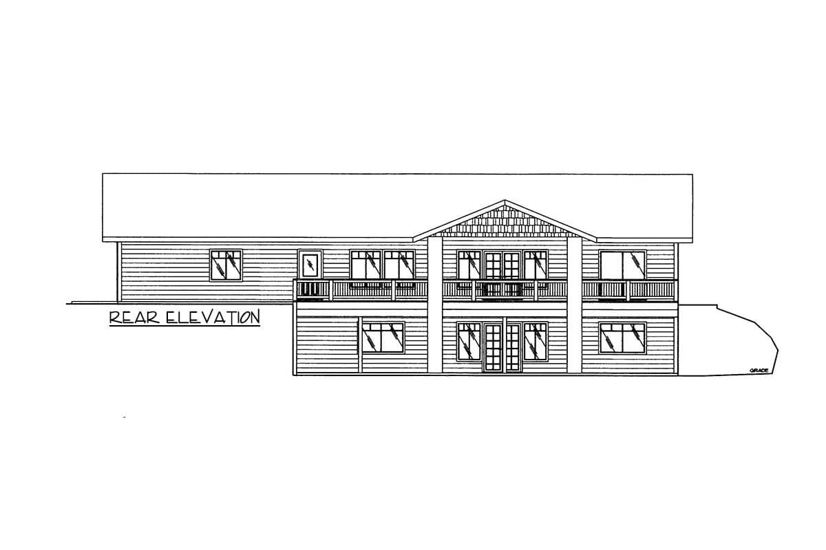 Rear elevation drawing of a two-story house with siding, double balconies, and a gabled dormer.