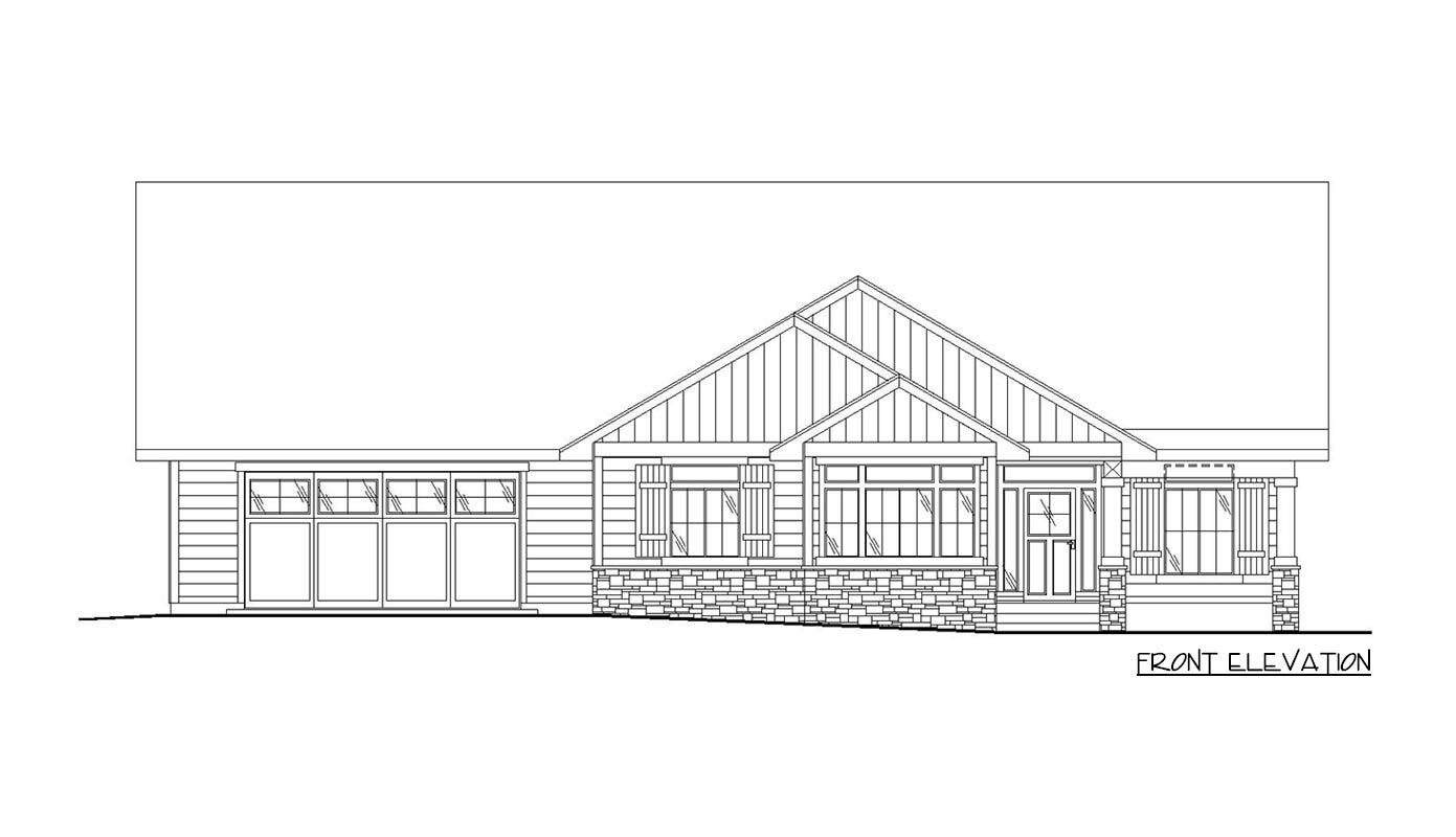 Front elevation drawing of a single-story house with a gabled roof, stone accents, a covered porch, and an attached garage.