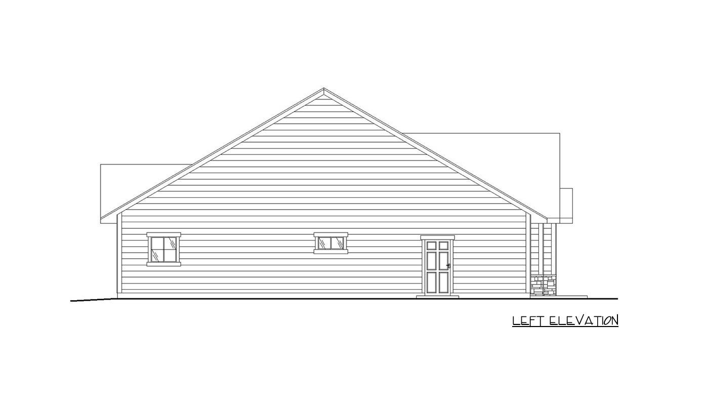 Left elevation house plan showing a single-story building with horizontal siding, two windows, a double door, and a covered porch with stone supports.