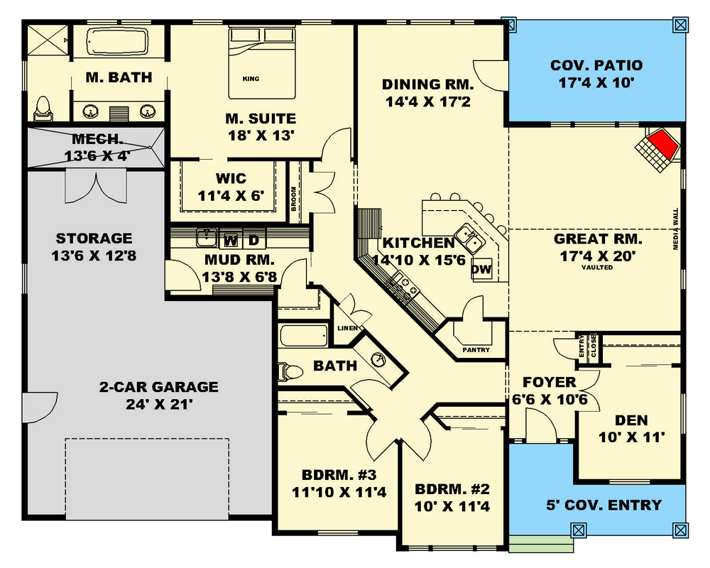 Plan 350133GH: 4 Bed Country Ranch Plan House Plan with Central Kitchen Island - 2212 Sq Ft - Floor Plan - Main Level - Country, Mountain, Ranch