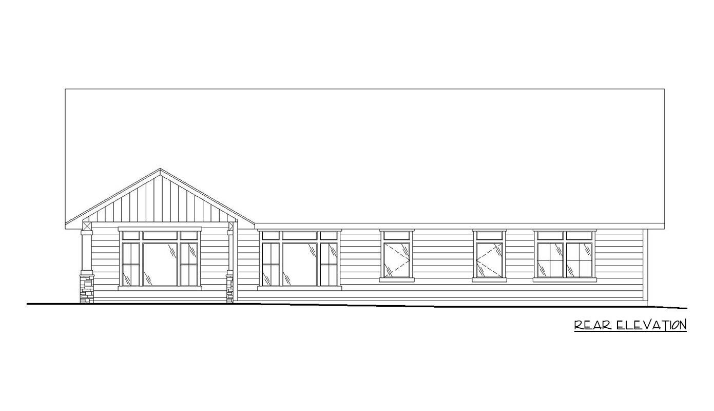 Rear elevation drawing of a one-story house with a gable and wide windows.