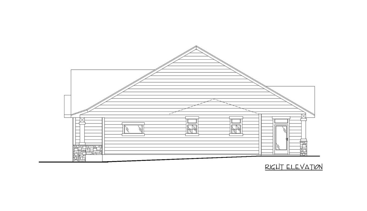 House plan right elevation drawing with horizontal siding, gabled roof, three windows, and covered entry.