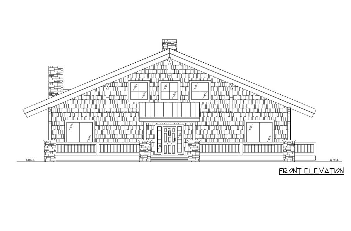Front elevation drawing of a house with a large gable roof, prominent stone chimney, full-width porch, and cedar shake siding.