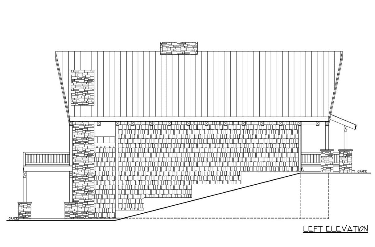 Left elevation drawing of house plan featuring stone accents, a gabled roof, and a covered porch.